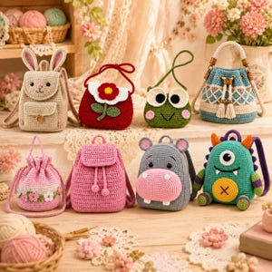 Puede incluir: Una colección de siete bolsos de ganchillo hechos a mano con varios diseños, incluyendo una mochila de conejo beige, un bolso de flor roja, un bolso de rana verde, un bolso tipo cubo azul con patrones, una bolsa rosa, una mochila rosa, un bolso de hipopótamo gris y una mochila de monstruo azul verdoso.