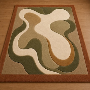 Handmade Tufted Abstract Area Rug, Modern Organic Shape Carpet, Neutral Green Beige Living Room Rug, Contemporary Home Decor Rug