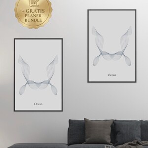 Ocean Wave Line Art Print + GRATIS Planer Bundle | Minimalist Coastal Wall Decor | Abstract Wave Poster | Digital Download A4
