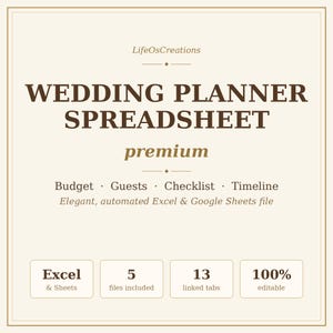 Peut inclure: Une feuille de calcul numérique pour organisateur de mariage avec du texte brun foncé sur fond crème. Elle affiche le texte LifeOsCreations, WEDDING PLANNER SPREADSHEET, premium, Budget, Guests, Checklist, Timeline, Excel & Sheets, 5 files included, 13 linked tabs, 100% editable.