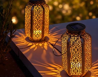 Solar Lantern Garden Light & Hanging Moroccan Patio Decor, Rustic Metal Outdoor Lighting for Balcony, Unique Housewarming