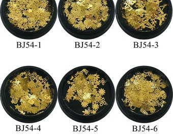 1Jar Hard Gold Metal Non-adhesive Sticker Mixed Designs Mix Moon and Star Music Sign Flower Crown in Black Jar BJ54