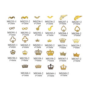 100pcs/bag Silver and Gold non-adhesive Soft Metal Sticker Mustache Poker Glasses Crown Shape Nail Art Decoration M23