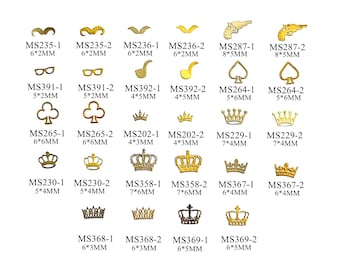100pcs/bag Silver and Gold non-adhesive Soft Metal Sticker Mustache Poker Glasses Crown Shape Nail Art Decoration M23
