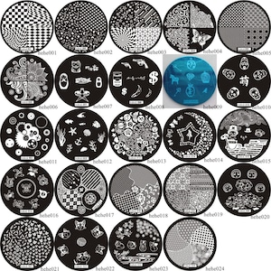 1PC HEHE001-024 Round Shape Blue Film Nail Art Stamping Image Plate Stainless Stamping Plate Lattice Gear Sea Shell Cat