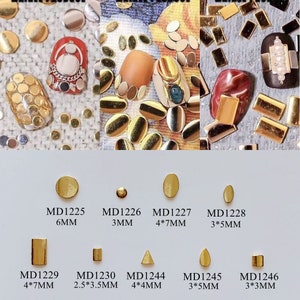 May include: Assortment of gold nail art embellishments in various shapes and sizes, including circles, ovals, squares, triangles, and teardrops. The embellishments are arranged in rows with their corresponding product codes and measurements in millimeters.