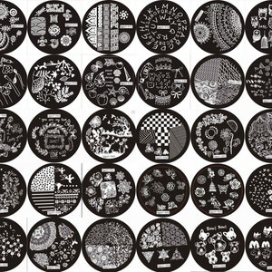May include: A set of black nail art stamping plates with diverse designs. The plates showcase floral patterns, geometric shapes, text, and animal illustrations. Each plate is circular and has a unique design, ideal for creating detailed nail art.