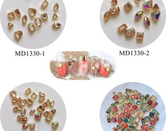 10pcs/bag Nail Art Metal 3D Charms Stone Deco Mix Bag Deco Crystal and AB Gem with Gold base shell stone Mix Bag MD1330