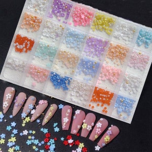 Nail Art Mini White and Color Flower with Mini Beads Resin Decoration in one set 24-Spaces