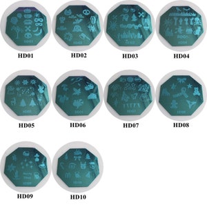 1PC HD01-10 Octagonal Shape Blue Film Nail Art Stamping Image Plate Stainless Stamping Plate Christmas and Halloween Series