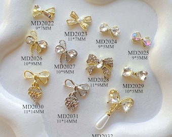 5pcs Metal 3d Charms Metal Decoration Bow with Rhinestones and Pearls Deco Nail Art Decoration MD2022-2032