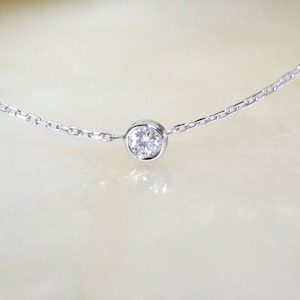 Solitaire diamond and 18k white gold necklace, Bezel set diamond necklace, Bezel diamond pendant, Bride necklace image 1