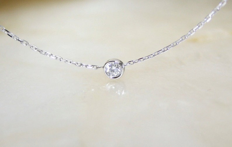 Solitaire diamond and 18k white gold necklace, Bezel set diamond necklace, Bezel diamond pendant, Bride necklace image 1