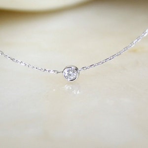 Solitaire diamond and 18k white gold necklace, Bezel set diamond necklace, Bezel diamond pendant, Bride necklace image 2