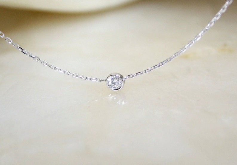 Solitaire diamond and 18k white gold necklace, Bezel set diamond necklace, Bezel diamond pendant, Bride necklace image 2