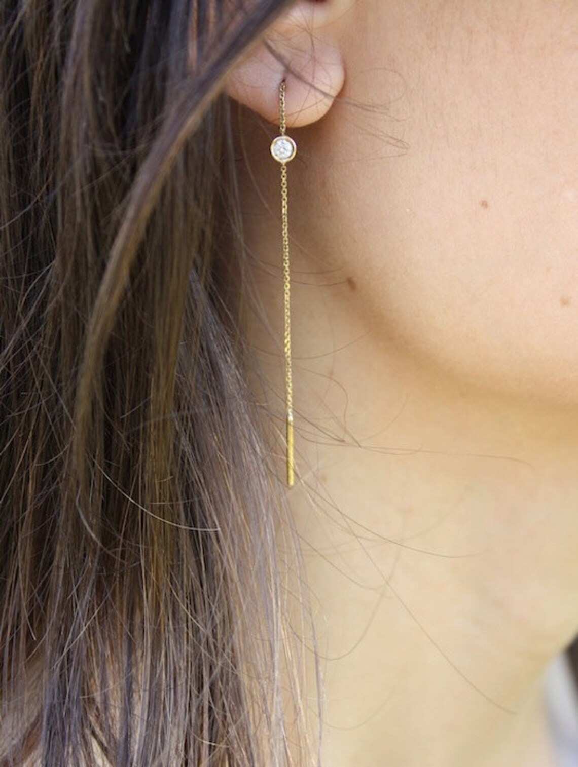 Threader diamond earrings Bezel set earrings Solitaire Etsy