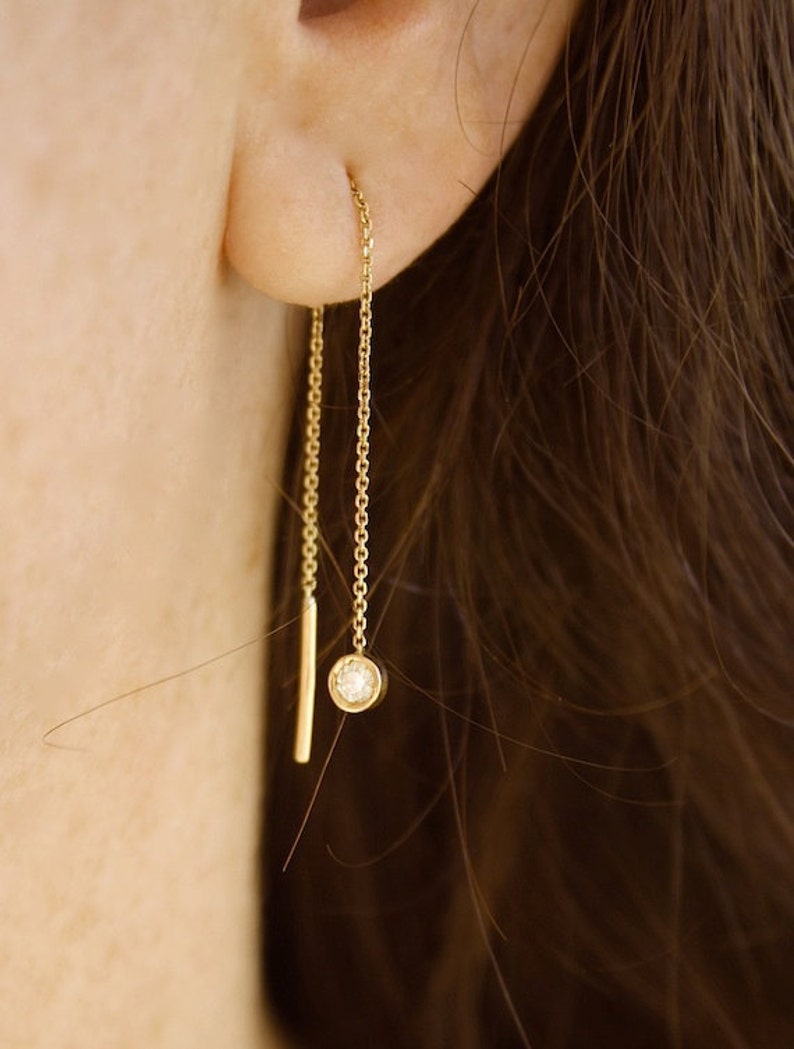Threader Diamond Earrings Bezel Set Earrings Solitaire Etsy