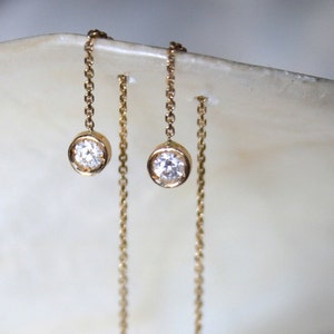 Threader diamond earrings, Bezel set earrings, Solitaire diamond chain earrings, 18k gold and diamond long chain earrings, Bride earrings image 4