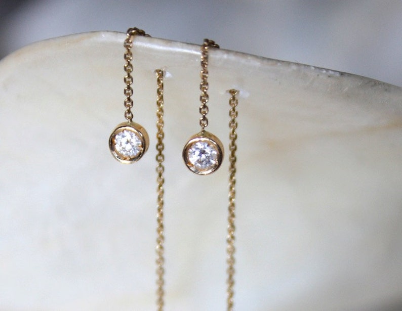 Threader diamond earrings, Bezel set earrings, Solitaire diamond chain earrings, 18k gold and diamond long chain earrings, Bride earrings image 4