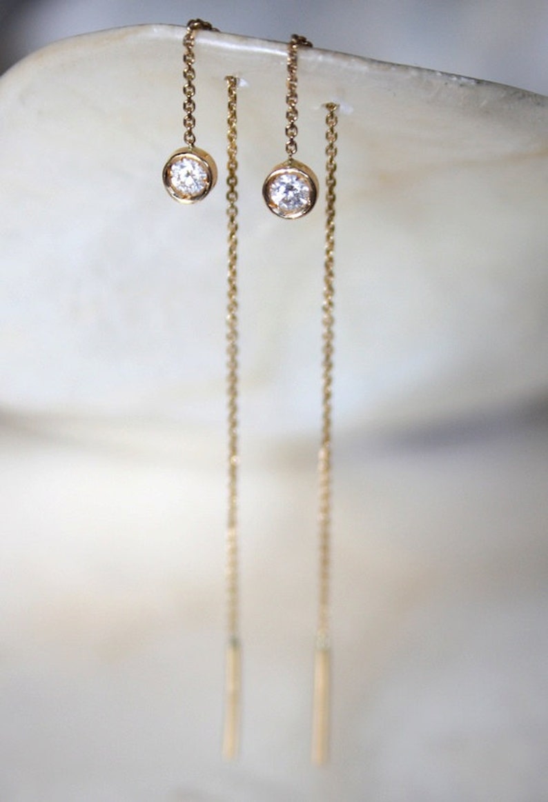 Threader diamond earrings, Bezel set earrings, Solitaire diamond chain earrings, 18k gold and diamond long chain earrings, Bride earrings image 3