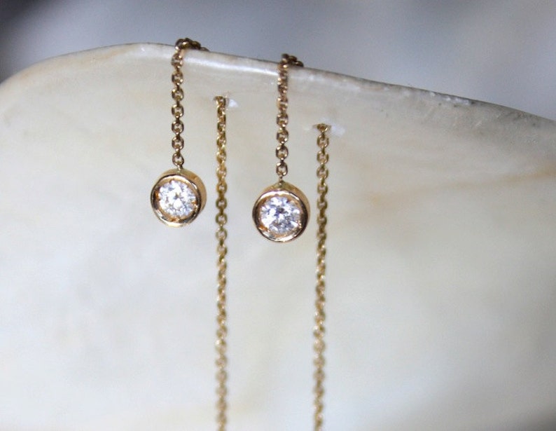 Threader Diamond Earrings Bezel Set Earrings Solitaire Etsy