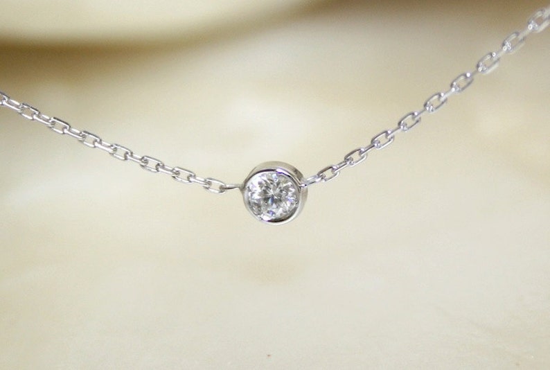 Solitaire diamond and 18k white gold necklace, Bezel set diamond necklace, Bezel diamond pendant, Bride necklace image 3