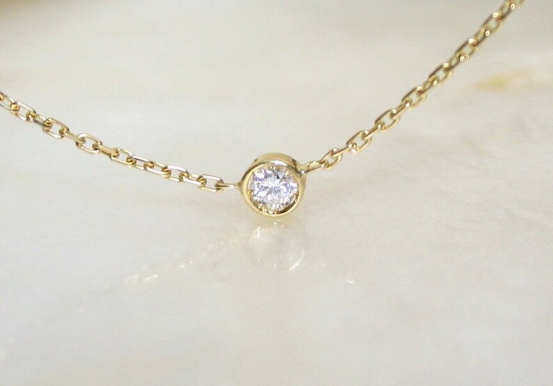 Solitaire Diamond and 18k White Gold Necklace, Bezel Set Diamond