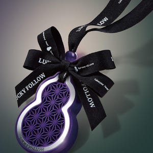 Puede incluir: Un objeto morado con forma de calabaza, borde plateado y patrón geométrico de celosía. Está adornado con una cinta de tela negra con el texto blanco LUCKY FOLLOW y Follow your heart. Una pequeña cuenta morada se sitúa sobre el cuerpo.