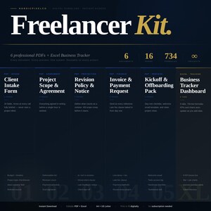 May include: A dark blue digital download titled "Freelancer Kit" with white and gold text. The kit includes 6 PDFs, an Excel business tracker, and various templates for client intake, project agreements, and invoicing. The image also includes the text "Instant Download".