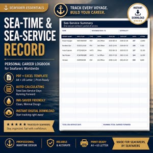 May include: A digital logbook for seafarers, featuring a Sea-Time & Sea-Service Record. Includes PDF and Excel templates, auto-calculating features, and an ink-saver design. Instant download available.
