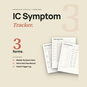 May include: A digital IC Symptom Tracker pack with three forms: Bladder Symptom Diary, Pelvic Pain Flare Record, and Food & Trigger Log. The pack is available as an instant PDF in US Letter and A4 sizes.