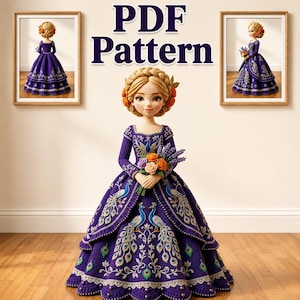 May include: A PDF Pattern featuring a doll with blonde braided hair wearing a long purple dress with peacock embroidery and holding a bouquet of flowers. The text PDF Pattern is displayed above the doll, flanked by two framed images of the doll.