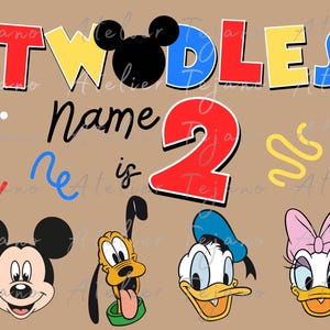 May include: A tan background with the words "Oh TWODLES Name is 2" in colorful letters and Mickey Mouse ears. Below are cartoon faces of Minnie Mouse, Mickey Mouse, Pluto, Donald Duck, Daisy Duck, and Goofy.