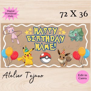 Happy Birthday Banner | Pikachu, Bulbasaur, Eevee, Mew | Pokémon Theme (Digital Download)