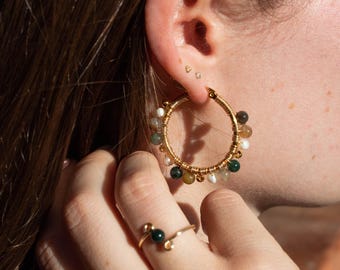 Natural Gemstone Hoop Earrings | Handmade Gold Wire Wrapped Hoops
