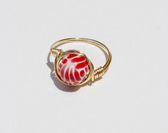 Red Talavera Ring | Gold Wire Wrapped Mexican Pottery Bead | Puebla Mexico Jewelry