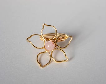 Gold Flower Ring with Rose Quartz | Wire Wrapped Petal Design | Handmade Statement Ring