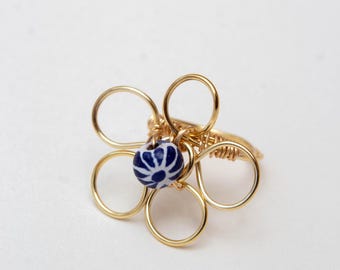 Talavera Flower Ring | Gold Wire Daisy with Mexican Pottery Bead | Puebla Mexico Jewelry