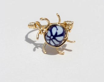 Blue Talavera Sun Ring | Gold Wire Sculptural Mexican Pottery | Puebla Mexico Jewelry