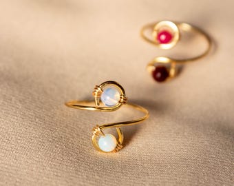 Adjustable Gemstone Wire Wrapped Ring | Gold Boho Jewelry | Natural Stone Gift for Her