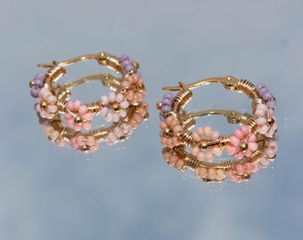 Beaded Hoop Earrings | Handmade Gold Wire Hoops with Seed Beads