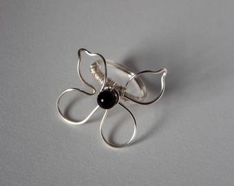 Silver Butterfly Ring with Black Stone | Wire Wrapped Petal Design | Handmade Statement Ring