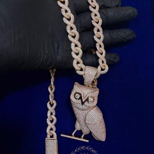 Halskette mit Eulenanhänger aus echtem VVS-Moissanit, Infinity-Gliederkette, personalisiertes Infinity-Glieder-Halsketten-Set mit Eulenanhänger