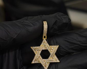14k Gold Plated Iced Out Star of David Pendant, Moissanite Diamond Jewish Star Charm Necklace, Hip Hop Religious Gold Star Pendant Gift USA.