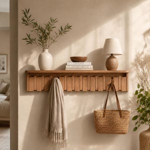 Puede incluir: Un estante de pared de madera con diseño de listones y ganchos integrados. El estante sostiene un jarrón blanco con vegetación, un cuenco de madera y dos libros titulados This is Home y Live Beautifully, junto a una lámpara con pantalla beige.