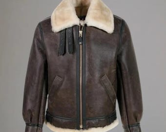 Leon S Kennedy Brown Shearling Leather Jacket Men's Aviator Bomber Coat Fur Collar Winter Leather Jacket B3 Flight Jacket Best Gift for Him