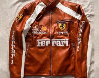 Vintage Style Ferrari F1 Racing Brown Leather Jacket Motorcycle Biker Moto Jacket Embroidered Patch Coat Formula Racing Jacket Gift for Him