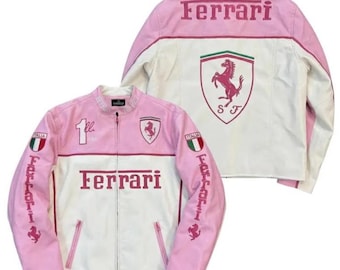 Women’s Ferrari F1 Racing Pink Cowhide Leather Jacket Motorcycle Biker Jacket Embroidered Patches MotoGP Racing Coat Streetwear Gift for Her