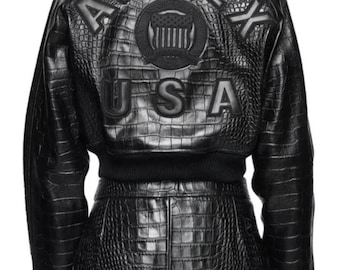 Avirex USA icon Women Black Cropped Leather Jacket Genuine Cowhide Leather Cropped Ladies Leather Jacket With Skirt Birthday Gift for Her