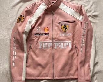 Ferrari F1 Racing Pink Leather Jacket Women’s Motorsport Biker Jacket Embroidered Racing Patch Moto Coat Streetwear Fashion Gift for Her